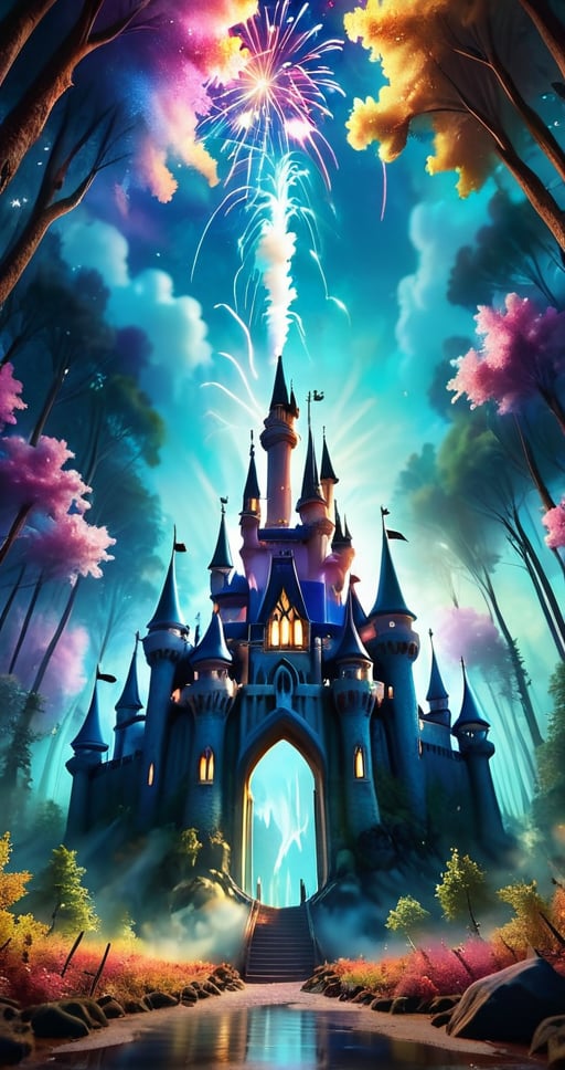  castle  Kingdom of Paws , colourful firework
 sky ultra detailed forest  sharp focus , and complexity invoking a sense of magic and fantasy, 8kUHD, resembling steam in water, amber glow ,ColorART, colorful, style,colorful,Movie Still,DracolichXL24