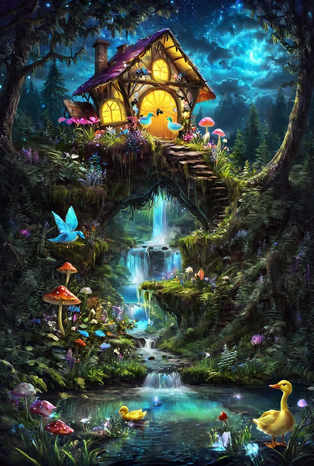 magic  fantacyworld ,beautiful fairy,,( plyaing wa_gon), in fantacy magic forest, glowing in night, flower,mashroom ,  fantacy waterfall, lake, duck ,mashroom , mini house, colour art,style,DissolveSdxl0,3l3ctronics