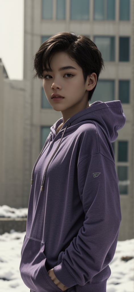  a beautiful cute  tomboy girl ,small bobs, wearing purple hoddie
 snow fall ,  e, photorealistic, best quality, detailed skin, intri 8k, HDR, cinematic lighting, sharp focus,, lips,,,short hair, ,DonMSp3ctr4lXL,Tomboy