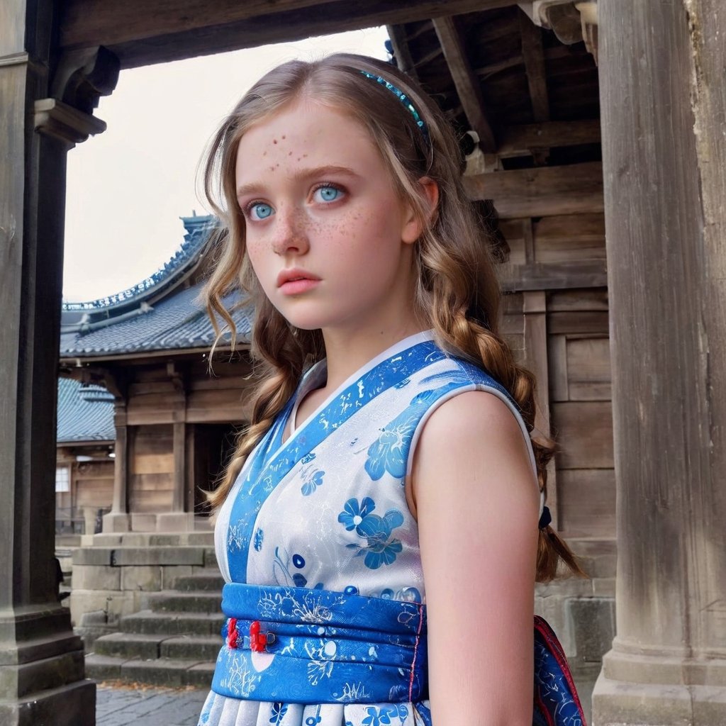  beautiful teen girl, blue icey eyes,wearing japanese dress, ancint roman architecture, behind, ,dumbo_oktopus,sad,photo r3al