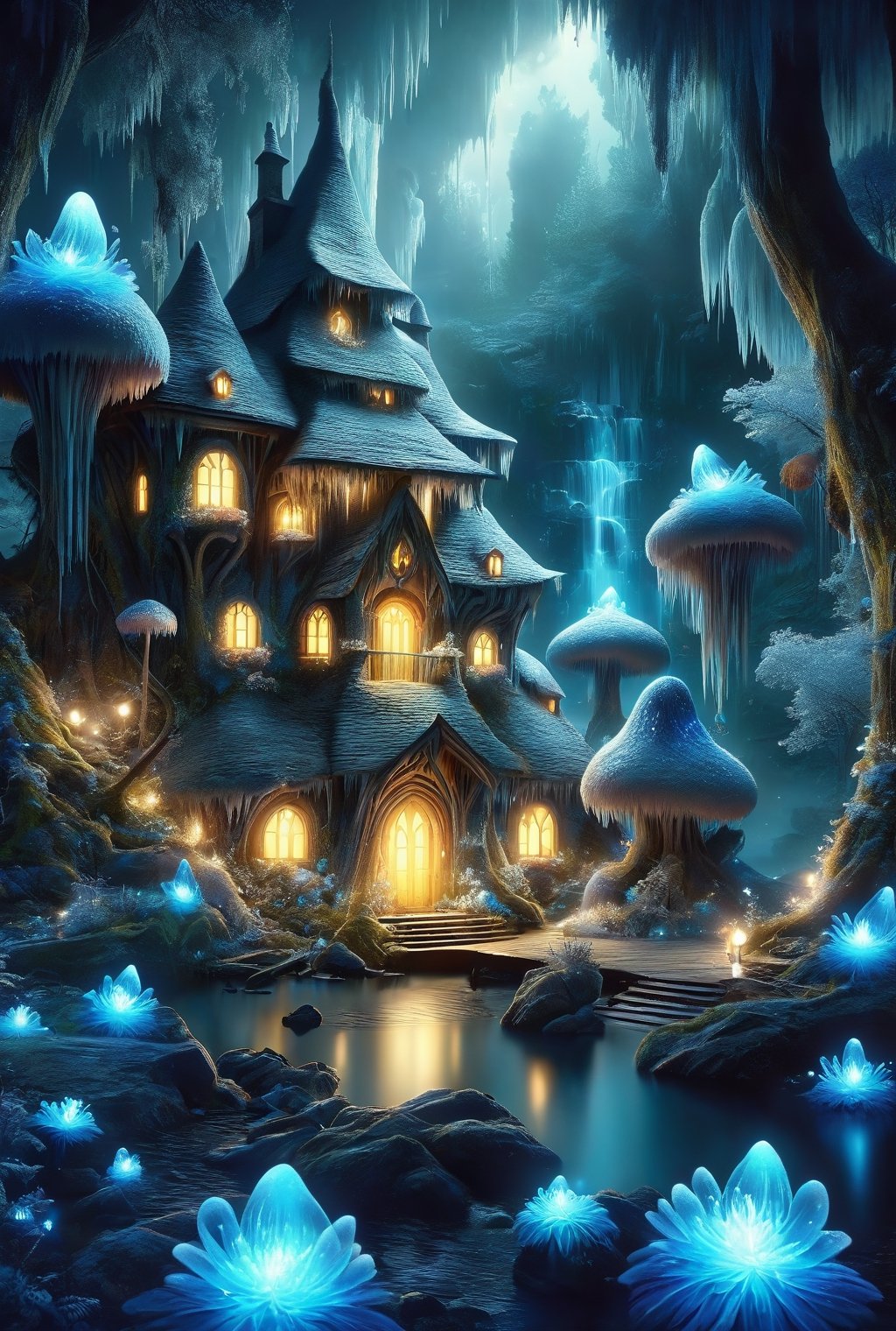 magic ice  fantacyworld ,beautiful fairy,,( plyaing wa_gon), in fantacy magic forest, glowing in night, ice flower,icemashroom ,  fantacy waterfall, lake, duck ,mashroom , icemini house, colour art,style,DissolveSdxl0,3l3ctronics,concept,stworki