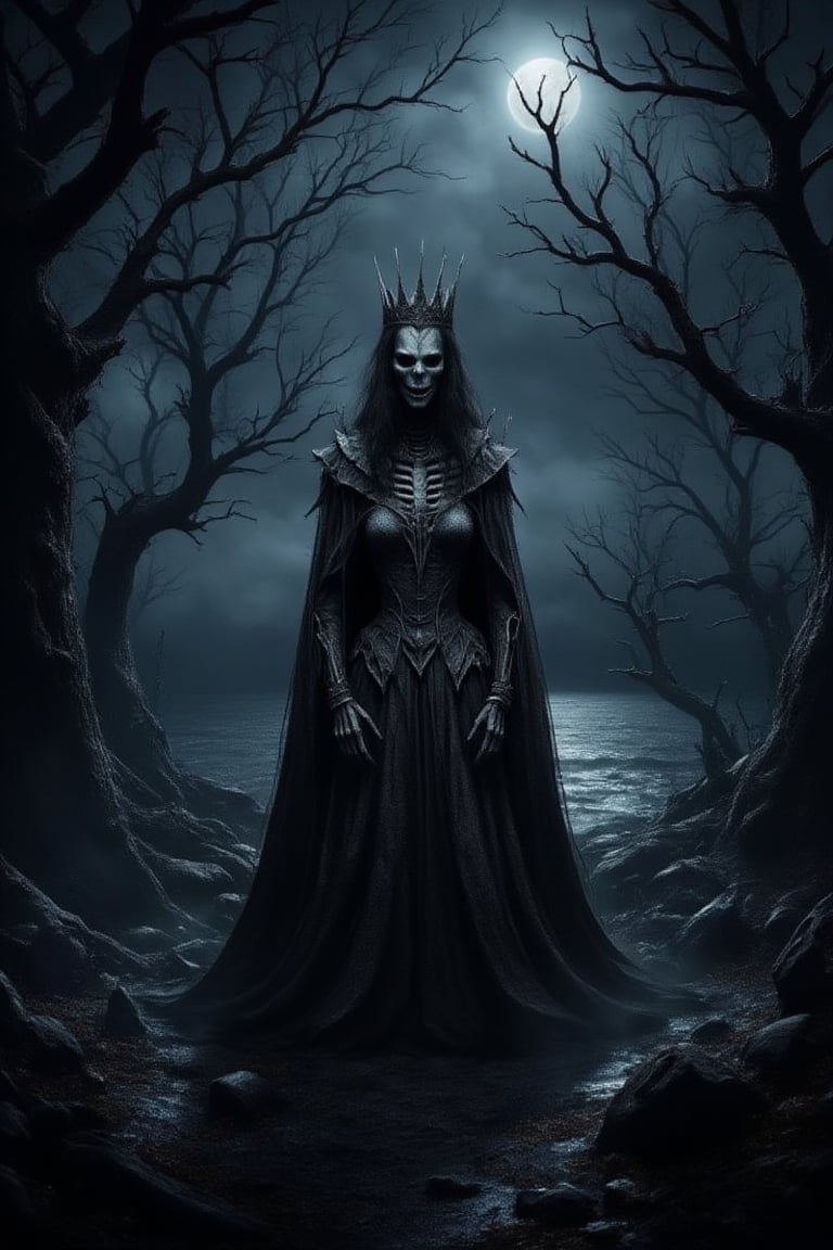 , skeleton wering queen dress, crown, Halloween them, black Forest , sea, moon light shining sea water, cinematic, cinematic light, horrar tree, most horrible scene