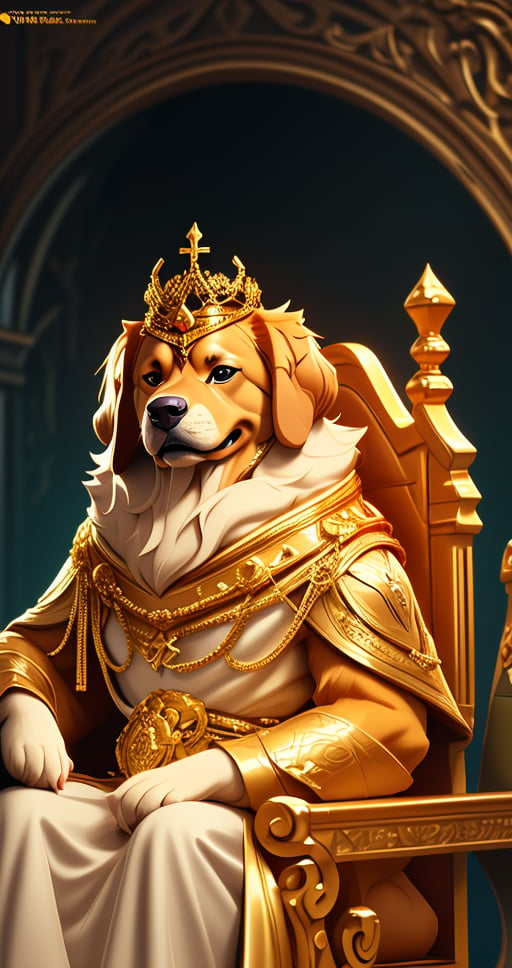 King golden retriever, wearing king dress, crown , siting on throne ,enchanted Kingdom of Paws, CINEMATIC, CINEMATIC LIGHT ,8lHD detailed,artstation, sharp focus, ,photo r3al,Movie . ,Furry character