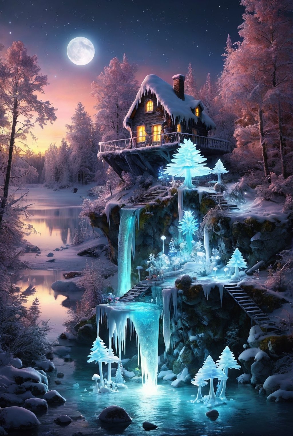 magic ice  fantacyworld ,beautiful fairy,,( plyaing wa_gon), in fantacy magic forest, glowing in night, ice flower,icemashroom ,  fantacy waterfall, lake, duck ,mashroom , icemini house, colour art,style,DissolveSdxl0,3l3ctronics,concept,stworki