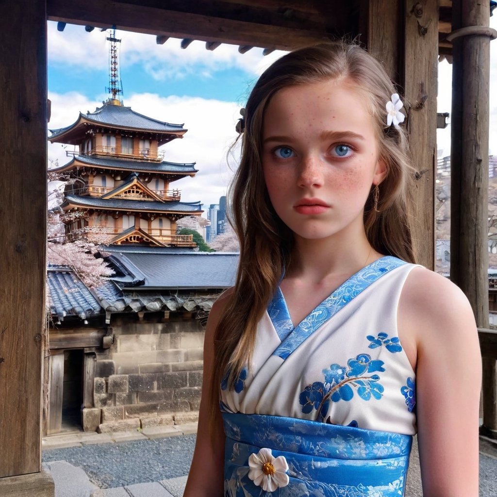  beautiful teen girl, blue icey eyes,wearing japanese dress, ancint roman architecture, behind, ,dumbo_oktopus,sad,photo r3al