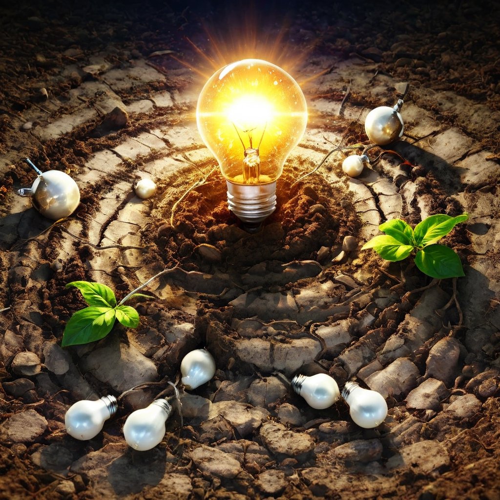 Light bulb with light flare on over soil ground. eco innovation environmental and creative concepts. copy space banner.