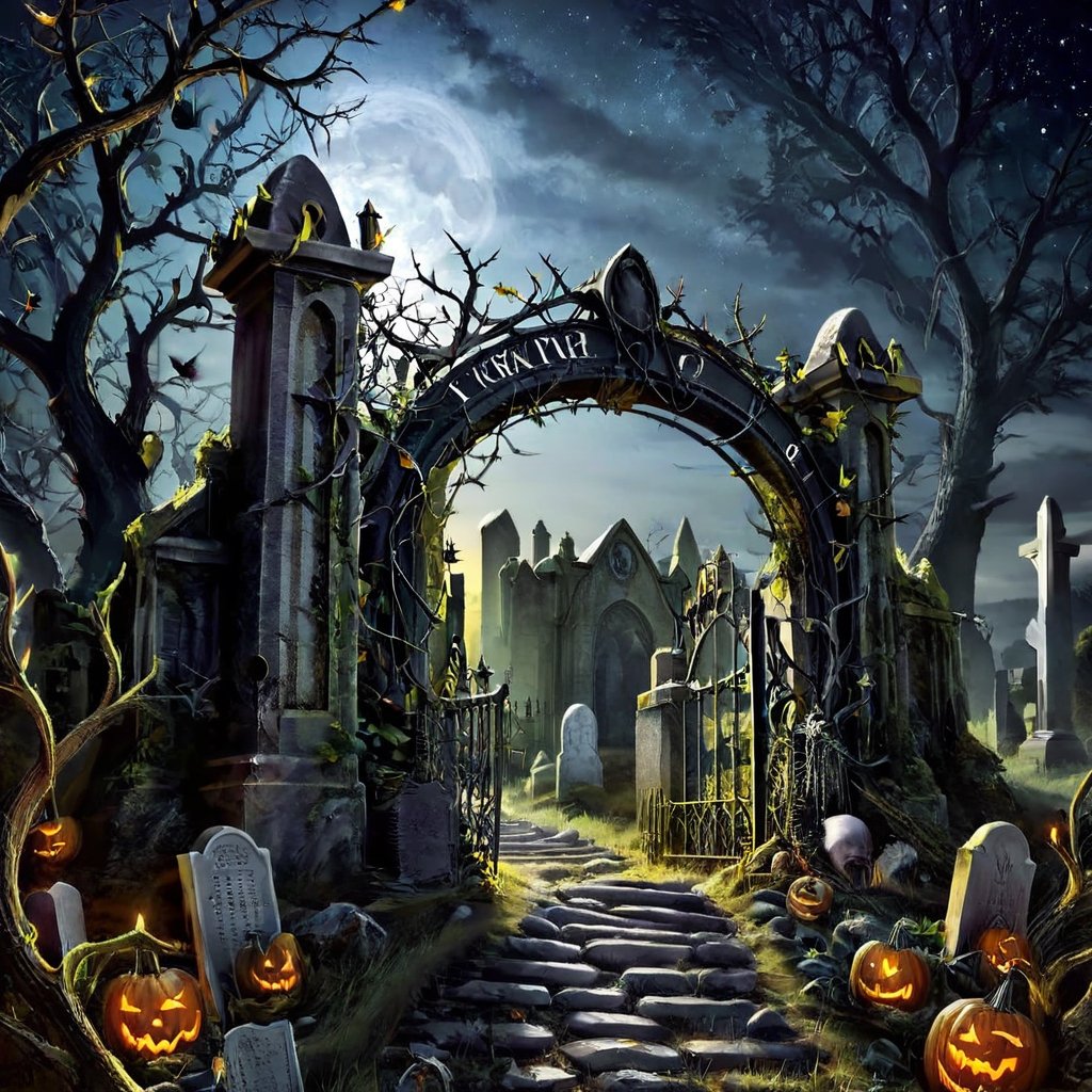 Night scenery with a graveyard gate and thorns