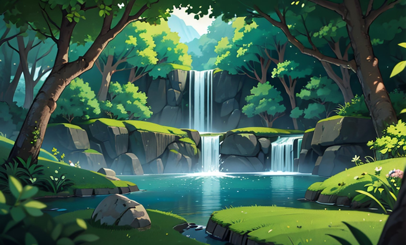 anime style

highly detailed,{best quality}, {{masterpiece}}, {highres}, original, extremely detailed 8K wallpaper,masterpiece, best quality, illustration, beautifully detailed eyes,  cinematic lighting,



((nobody))
forest
valley
There is a waterfall in the middle
symmetry