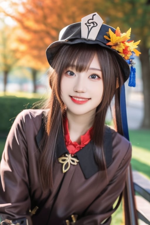 1girl, hutao, cowboy shot, beautiful girl, hat, hat flowers, brown long sleeves coat, black shorts, standing, long brown hair, outdoors, sunshine, lawn, flowers, sunny, lake, park,
Charming eyes, (smile:1.1),
Sitting on the chair, sunlight, Autumn,
masterpiece, best quality, 
  RAW photo, 8k, 4k, (intricate details:1.0), (ultra detailed:1.0),  (depth of field:1.0), (blurry background:1.0), (spotlight effect:1.0), (light from the front:1.0), (fair skin:1.0), (super detailed skin:1.0), (clear translucent skin:1.0), (perfect body:1.0), (skinny,:1.0), (curvy body:1.0), (face:1.0), (sensual:1.0), 1080P