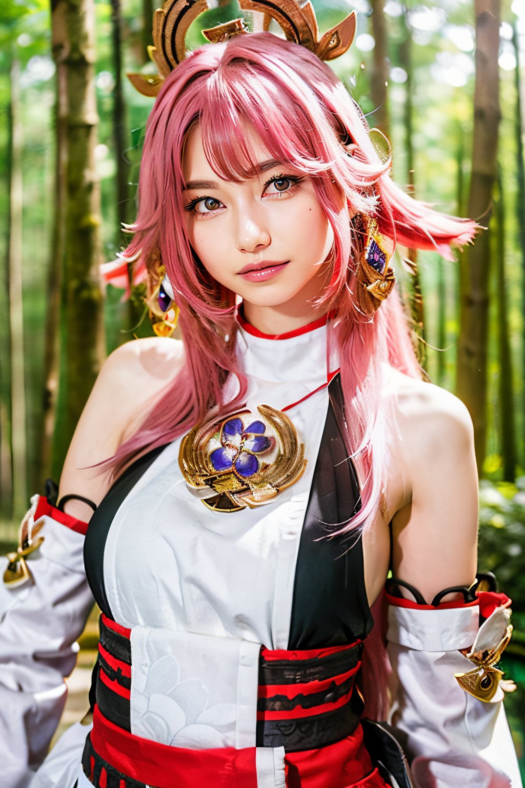 ,yae_miko, 1girl, pink hair, purple eyes, long hair, fox ears, earrings, (big breasts:1.2), hair ornament, jewelry on the chest, yae miko's clothes, bare shoulders, detached sleeves, standing, upper body, outdoors, park, flowers, lawn, trees, sunshine, from front,