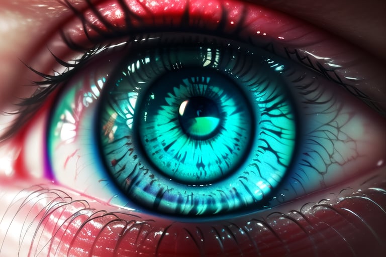 Blue eye macro shot, clear view of cornea and retina,perfecteyes, highly detailed,Science Fiction