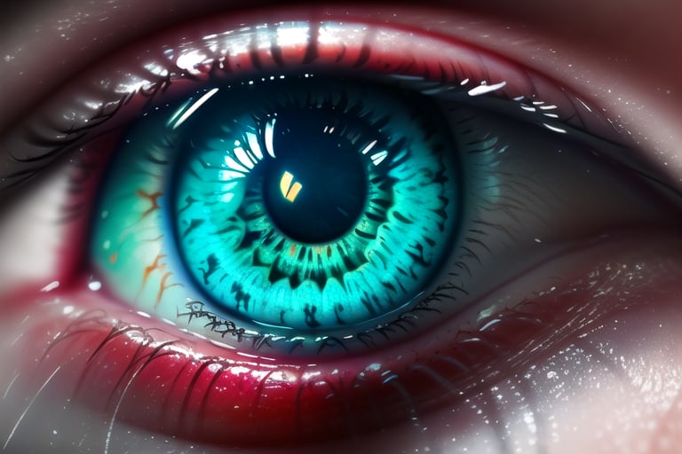 Blue eye macro shot, clear view of cornea and retina,perfecteyes, highly detailed,Science Fiction