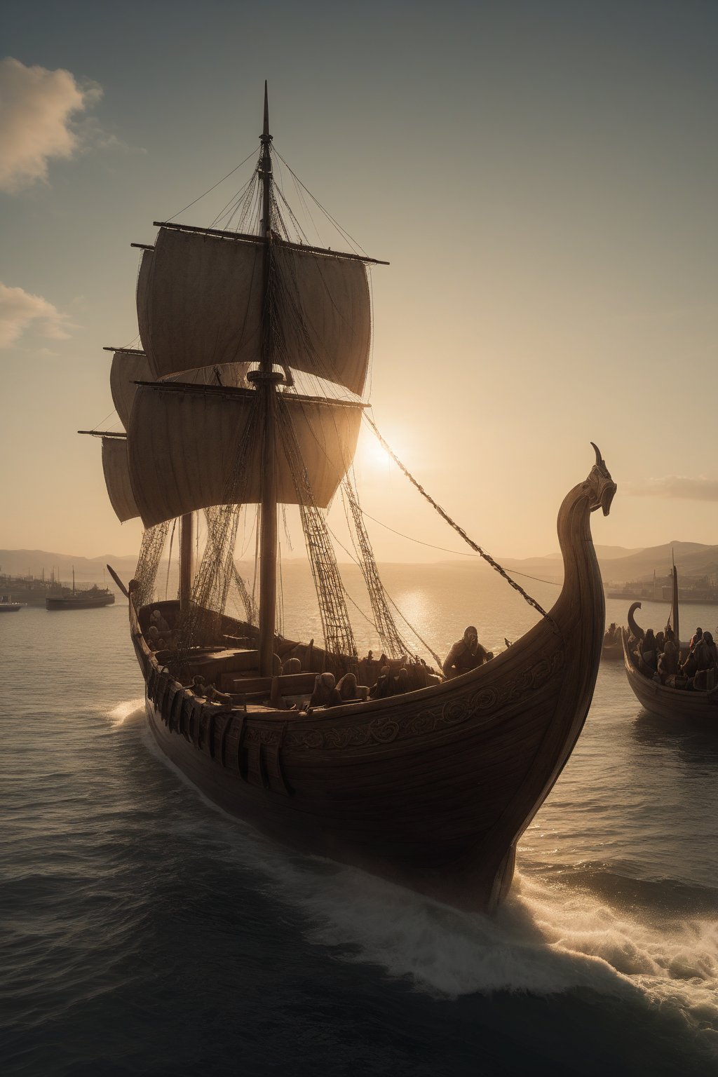 A majestic Viking long boat, its wooden hull adorned with fierce battle-hardened warriors, glides across the calm harbor waters as the sun casts a warm golden glow on the scene. The vessel's billowy sail and entwined serpents at its prow seem to flex in the gentle breeze. Heavily armed Norsemen stand at attention along the boat's railings, their battle-weathered faces set with determination, as the harbor's distant buildings and dockside bustle provide a serene backdrop for this imposing display of Nordic prowess.