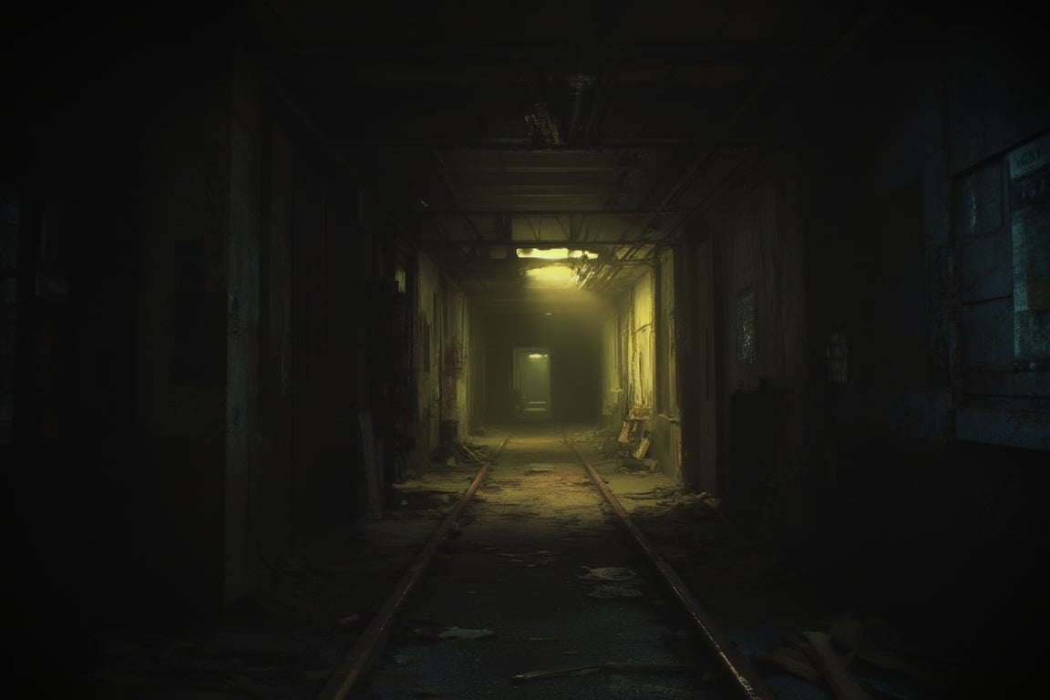 a dark and shadowy abandoned train station interior, dim yellow glow from faint lights, empty and creepy alternate reality, a movie still of a horror film, gritty and noise, alleyway, low visibility, misty

dark palette, crisp lines, rough aesthetics, masterpiece, realistic, detailed, high resolution, mysterious ambiance, ominous, dark world, silent hill style, high noise, raised blacks,

digital painting, High Quality, 8k Uldtra HD, hyper-realistic, fantasy art, DRK,reburbanback