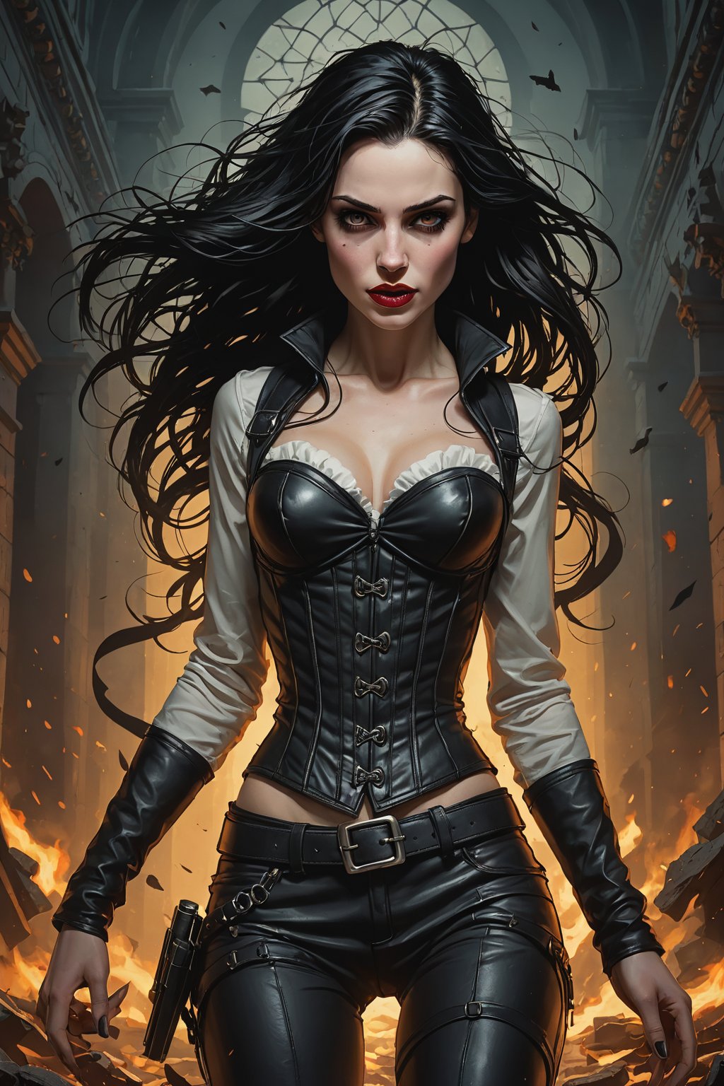 ((a beautiful vampire woman)), (21 y.o), ((long black hair in a strand braid:1.5, bright grey eyes)), ((wearing black leather corset and pants, belts and straps)), ((Claire Forlani:1)), youthful, ((perfect low fat toned body, perfect beauty)), ((soft black hair:1.7)), (((perfect ivory white skin:1.5))), (tiny narrow waist and torso), Skinny and toned figure, Vampire fangs, 

BAckground of dark temple at night, horror, creepy, grimdark style, Fantasy Art, dark palette, crisp lines, rough aesthetics, masterpiece, realistic, detailed, high resolution, cascading strands of her hair, mysterious ambiance,

digital painting, High Quality, 8k Uldtra HD, hyper-realistic, fantasy art, Greg Rutkowski style , Magali Villeneuve style, esao andrews style, Bob Kehl art style,

action shot,Comic Book-Style 2d,Leonardo Style