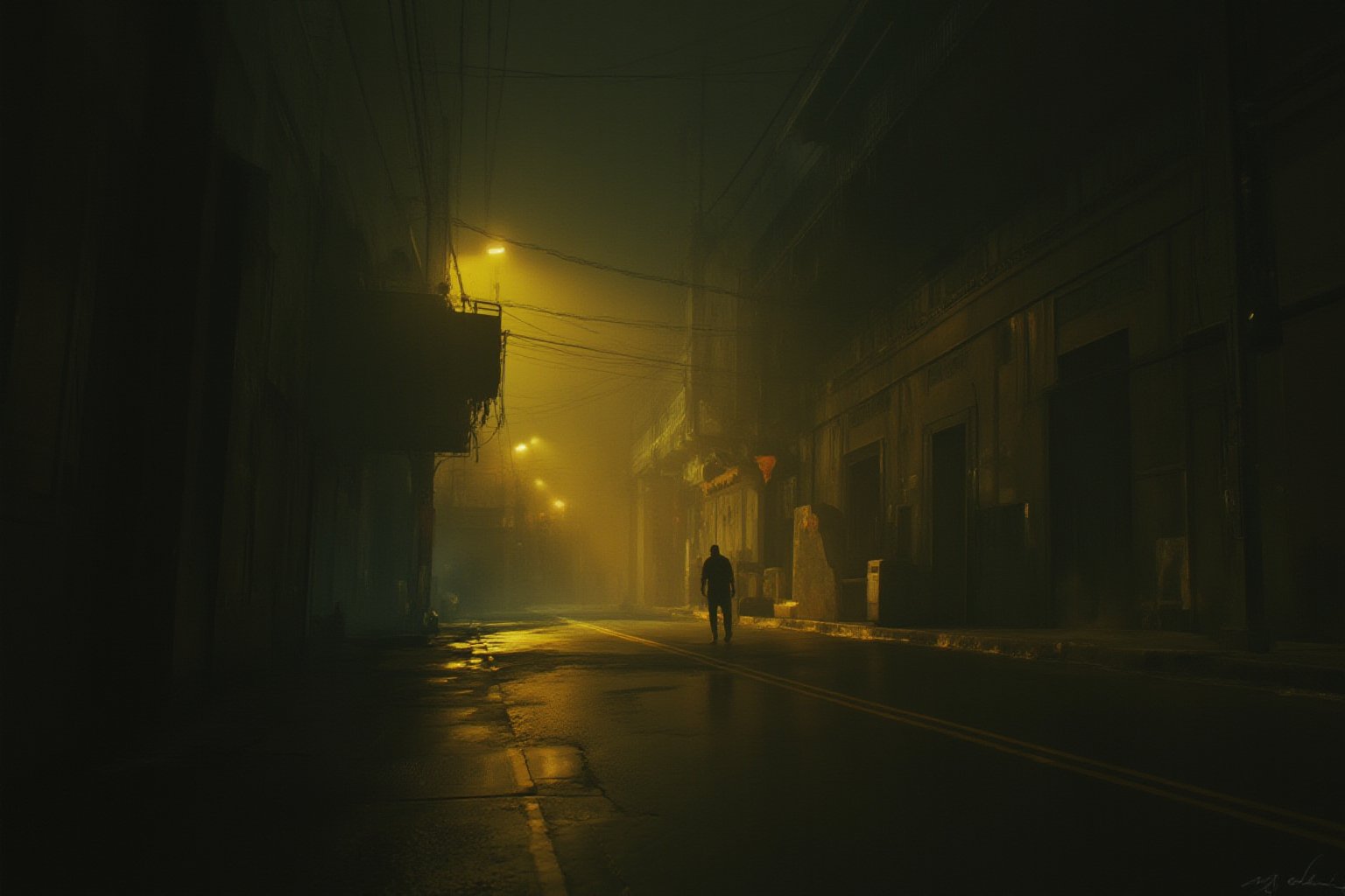 a dark street, dim yellow glow from lights, empty and creepy alternate reality, a movie still of a horror film, gritty and noise, alleyway, low visibility, misty

dark palette, crisp lines, rough aesthetics, masterpiece, realistic, detailed, high resolution, mysterious ambiance, ominous, dark world, silent hill style, high noise, raised blacks,

digital painting, High Quality, 8k Uldtra HD, hyper-realistic, fantasy art, Greg Rutkowski style , Magali Villeneuve style, esao andrews style,DRK