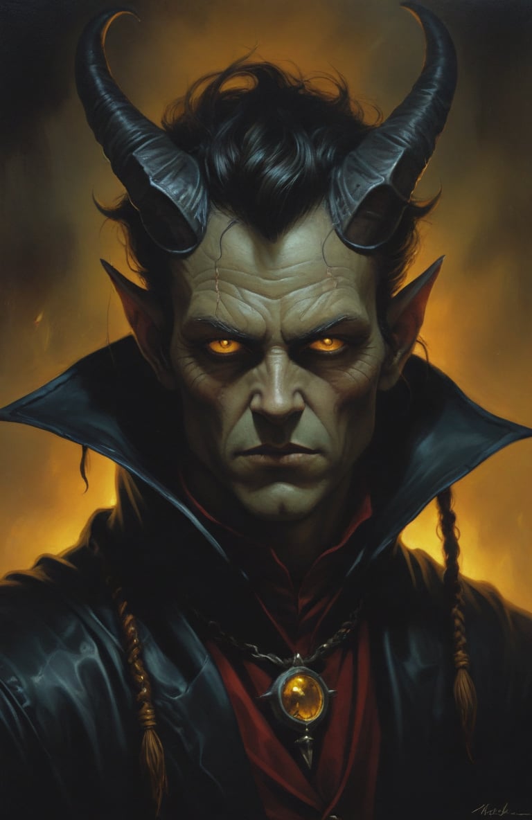 A dark Tiefling from the nine hells, DnD tiefling warlock, yellow eyes and grey skin, black horns, mysterious ambiance, dark, digital painting, High Quality, 8k Uldtra HD, hyper-realistic, fantasy art, nodf_xl, background of a a dungeon, dnd, baldurs gate 3, dark, digital painting, in the style of esao andrews,4k,ENHANCE XL,ENHANCE Facial details, esao andrews style, esao andrews art,