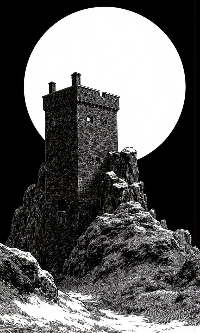 monochrome black and white ink style drawing of a black featureless silhouette of a crooked medieval stone tower against a giant full moon rising in a dark sky, masterpiece artwork, intricate detail, dynamic composition,CharlesDG