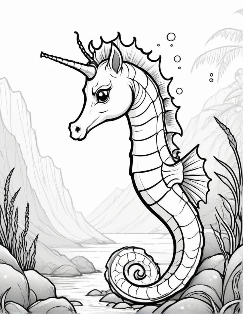 2D black and white vectoral sketch linework design.
Simple design. Cartoon. Large design. Pure white background.
Vector art. No colors. White background.
Seahorse.
Sea background.
Very simple drawing.
Black lines on white.
There is no black part. No shades. It's for coloring. No black spots, only the lines.
Very simple vector sketch.
Low detail. Zero shading.
Only black and white.
leonardo,realistic,real_booster,photorealistic,healing,tattoochibi,ipsketch\\(style\\),lines,TCC_SIMPLE_DRAWING