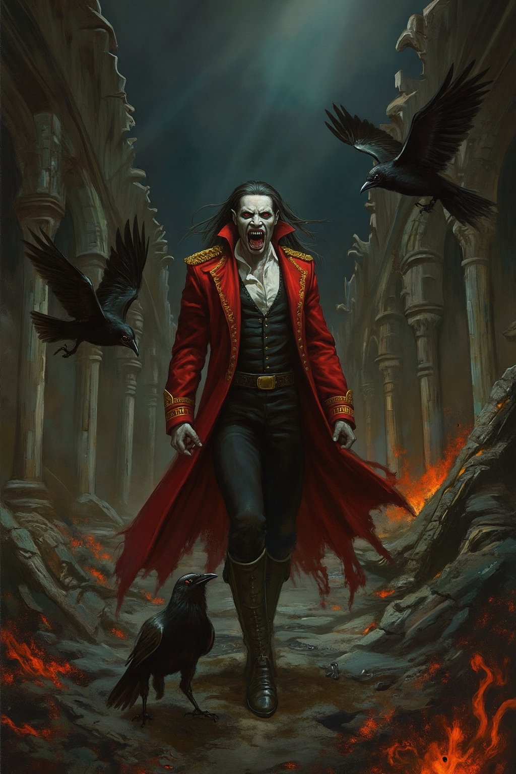 RetroSci style. A highly detailed painting in a gothic fantasy style. The central figure is a male vampire with pale, almost translucent skin, and long, dark hair. He wears a striking red, long coat with gold trim and a white shirt underneath, adorned with black epaulets. The coat is open, revealing a black vest and a gold belt with a buckle. His black pants are tucked into high, black boots with gold buckles. He has sharp, pointed teeth and red eyes, and his expression is intense and focused. The vampire is surrounded by a dark, gothic atmosphere with a background of an abandoned, crumbling cathedral with broken arches and pillars. The sky is dark, with a few beams of light filtering through, illuminating the scene. Black ravens are flying around him, adding to the eerie ambiance. The ground is covered in ash and debris, with orange flames flickering in the distance, suggesting a recent battle or destruction. The textures in the image are highly detailed, from the intricate patterns on the vampire's coat to the rough, crumbling stone of the cathedral. The overall mood is dark and foreboding, with a sense of impending danger and mystery.