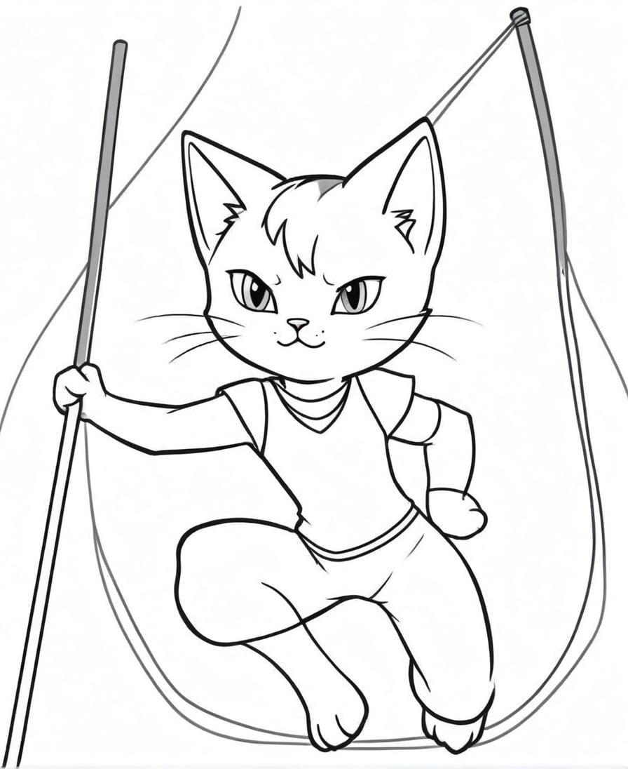 2D black and white vectoral sketch linework design.
Simple design. Cartoon. Large design. Pure white background.
Vector art. No colors. White background.
A cat in athletics outfit doing the pole vaulting.
Empty white background.
Pokemon cartoon vectoral sketch.
Very simple drawing.
Black lines on white.                 "
There is no black part. No shades. It's for coloring. No black spots, only the lines.
Very simple vector sketch.
Low detail. Zero shading.
Only black and white.
leonardo,realistic,real_booster,photorealistic,healing,tattoochibi,ipsketch\\(style\\),lines,TCC_SIMPLE_DRAWING