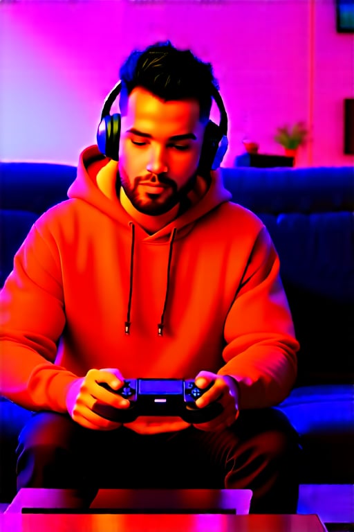 A man with short black hair and a neatly trimmed beard is sitting on a comfortable sofa. He is wearing a vibrant orange hoodie and black headphones over his ears, holding a black gaming controller in his hands. His posture is relaxed but focused, as if he is deeply engaged in a video game. The room is warmly lit, with soft shadows around him, giving a cozy feel. Behind him, there’s a casual living room setup with some subtle decorations, a coffee table, and a TV screen glowing softly in front of him