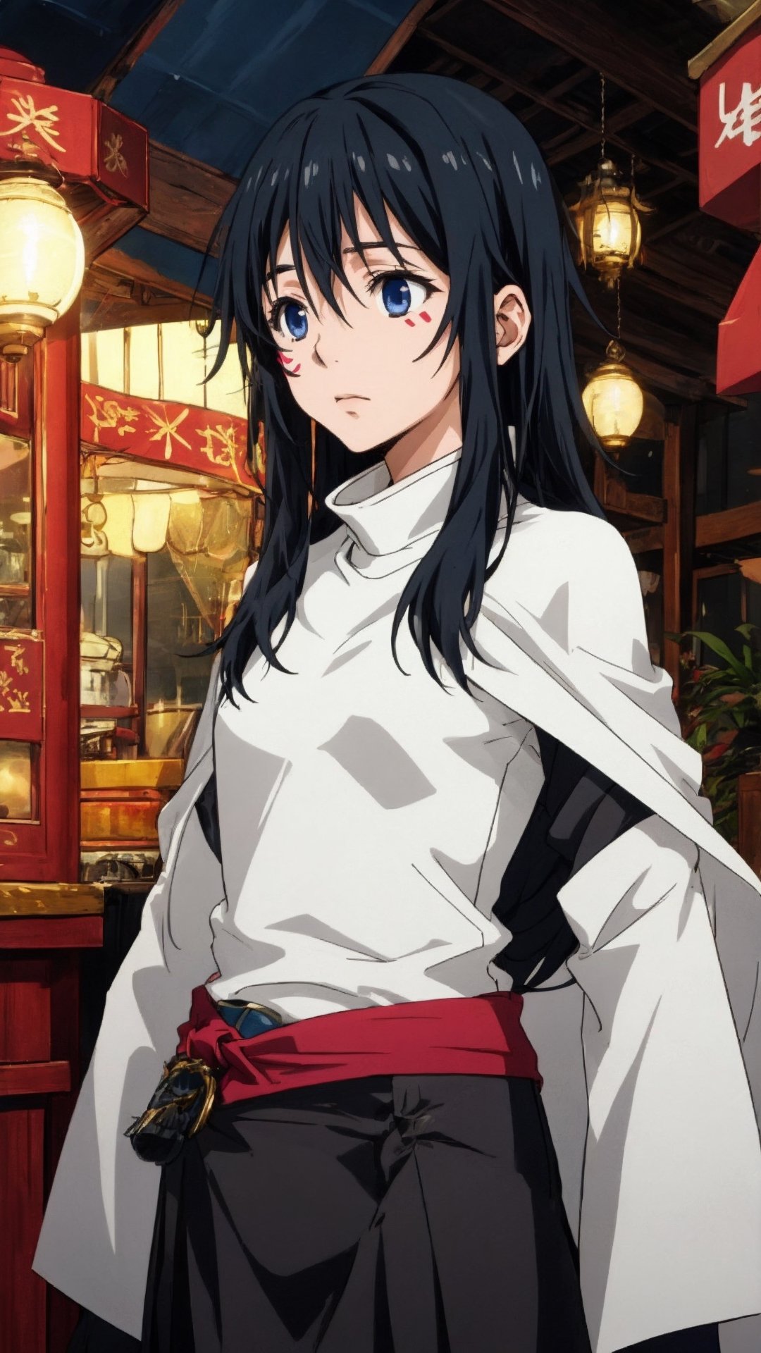 SHIZUE, blue eyes, black hair, shoulder-length hair, fair skin, facial markings
