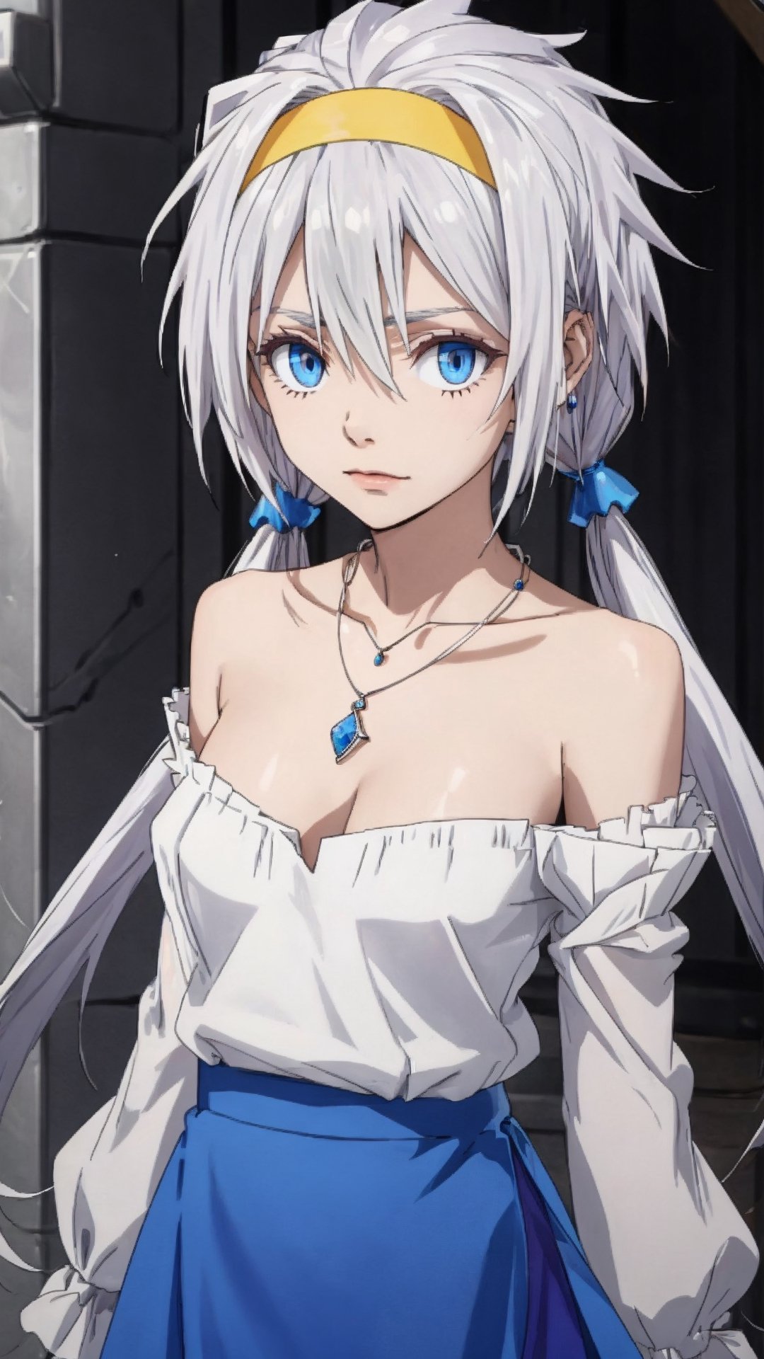 Velzard, Bangs, Blue Eyes, Grey Hair, Hair Between Eyes, Long Hair, Twintails, Yellow Hairband, Jewelry, Necklace,
