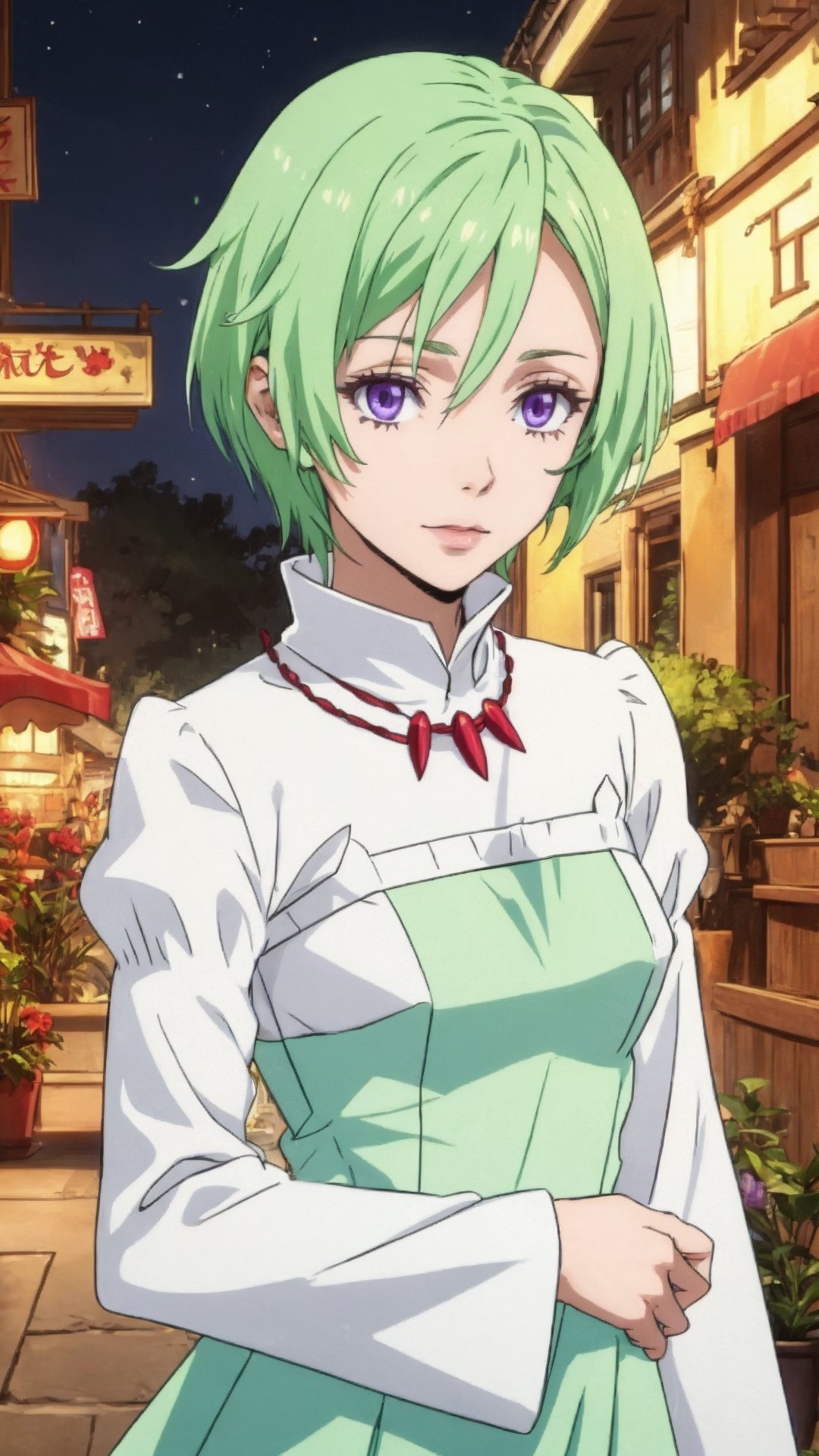 TRYA, purple eyes, green hair, shoulder-length hair, fair skin, facial markings

