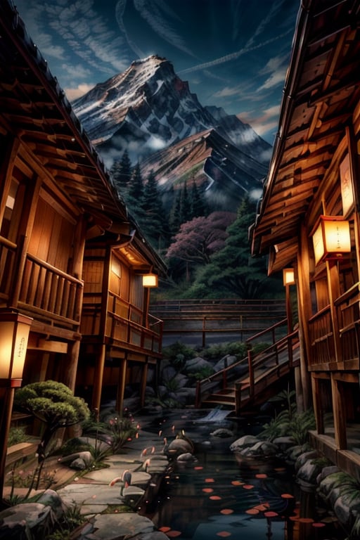 ((mountain landscape)), Japanese cherry blossom (((Extremely detailed))), dawn, ambient light, detail, realistic, ((masterpiece)), beautiful forest, beautiful sky, bamboo, (((8k UHD)), koi fishes in the stream ((extremely detailed)), desolate, beautiful, ((Japanese lanterns)), cherry blossoms, flowers, bamboo, village people standing