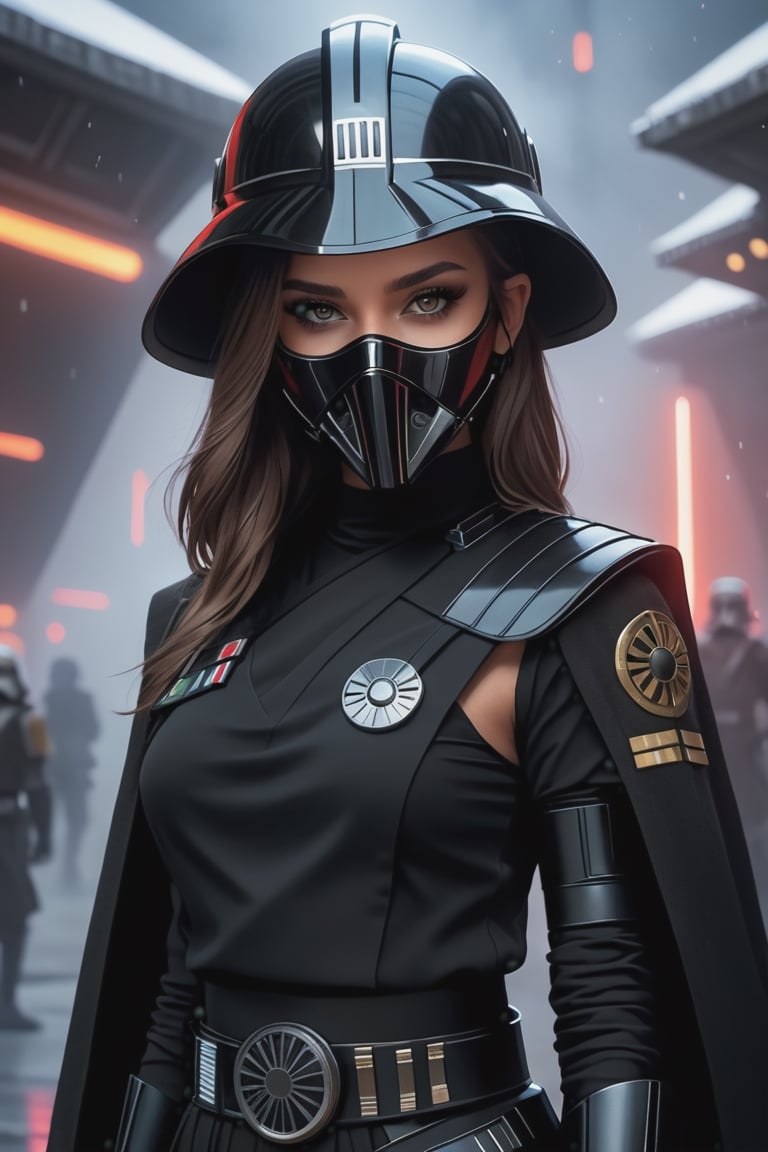 a girl in black in a star wars uniform, in the style of moody tonal contrasts, 32k uhd, masks and totems, weathercore, cobra, made of mist, exquisite clothing detail