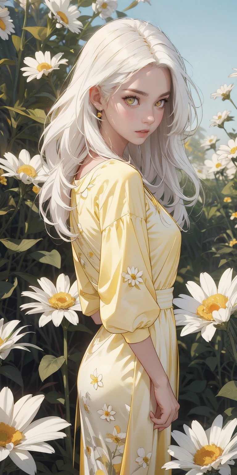 (1 Girl) long white hair, yellow eyes, white skin, wearing a beautiful yellow flowered dress, daisy garden background, low lighting, detailed_eyes, detailed_face, detailed_hands, backgroung_detailed, cinema_lighting, colorful_portrait, Midjourney, full_body.