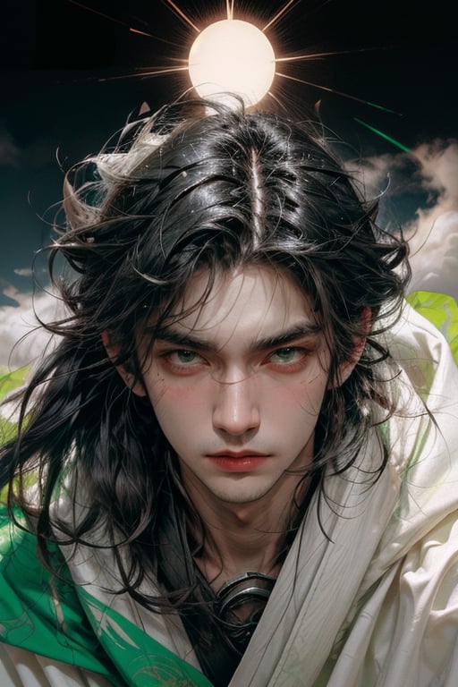 1boy, handsome, (Japanese Fashion), white cloth, (green aura), long_black_hair, long_bangs, slicked_back_hair, (detailed hair:1.13), white clouds behind, pale skin, black gloves, black boots , detailed face, shining glow sun,weapon