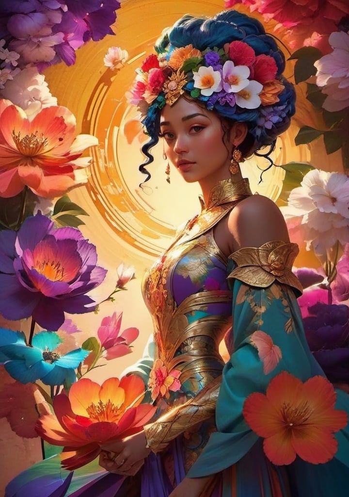 /imagine prompt: A image of a portrait of a woman in a flower dress, set against a colorful, dark background. The woman is wearing flower armor and the overall theme of the scene is white. The image is in a 2D animated style with elements of the Niji5 aesthetic. The scene is also depicted in a unique 3D style.

A image of a woman in a flower dress, with vibrant colors and intricate details. The dress is adorned with various types of flowers, creating a stunning visual. The woman stands against a dark background, contrasting the brightness of her attire. She is wearing flower armor, made up of delicate petals and leaves, giving her an ethereal and powerful appearance. The overall theme of the scene is white, with a soft and dreamy ambiance.

The environment is depicted with a mixture of 2D and 3D elements, blending the two styles seamlessly. The background consists of swirling patterns and abstract shapes, creating a sense of movement and depth. The colors used in the background are rich and intense, adding to the overall dramatic atmosphere.

The mood of the scene is mysterious and enchanting. The woman's expression is calm yet intense, hinting at hidden depths and a captivating story. The atmosphere is filled with a sense of magic and wonder, inviting the viewer into a fantastical world.

The image is captured using a specific camera model called dfdd, known for its ability to capture vibrant colors and intricate details. The film type used is a specialized color film that enhances the saturation and vibrancy of the scene. The lens used is a wide-angle lens, allowing for a sweeping view of the woman and her surroundings. Various artistic techniques such as depth of field and light manipulation are employed to enhance the overall visual impact.

This unique image is a result of a collaboration between multiple creative minds. The directors, cinematographers, photographers, fashion designers, cartoonists, and artists involved in this project are known for their distinct styles and techniques. The combination of their diverse backgrounds and artistic approaches creates a visually stunning and thought-provoking image.