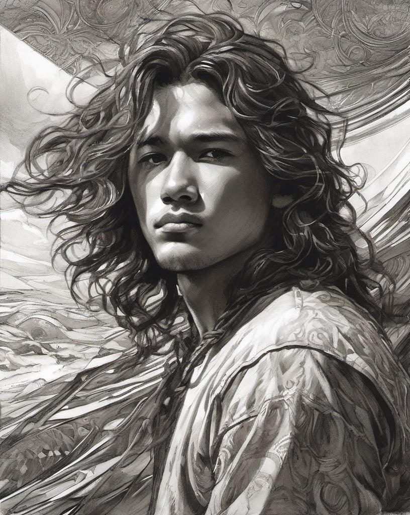 portrait of a young boy, strong, attractive guy, long wavy hair, looking at the sky, pen and ink, intricate line drawings, by craig mullins, ruan jia, Adonna Khare, greg rutkowski, loundraw, greg rutkowski,