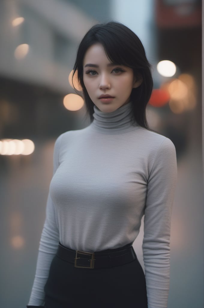 portrait of megan_rain, (1girl), (closeup portrait), ((front view)), ((full-body)), ((best quality)), ((masterpiece)), ((hyper-realistic)), (ultra-detailed), photo, high quality, looking at the viewer, hands apart, wearing ((black cowl turtleneck)), roll_up_sleeves, wearing a (((black:1.2) pants)), wearing a ((belt)), walking pose, makeup, mascara, (street), (bokeh),(detailed), (intricate), (cinematic lighting), (sharp focus on eyes), (skin texture:1.2), ((highly detailed face, realistic skin texture)), sharp focus, fujifilm xt3, natural skin texture, by holly randall,