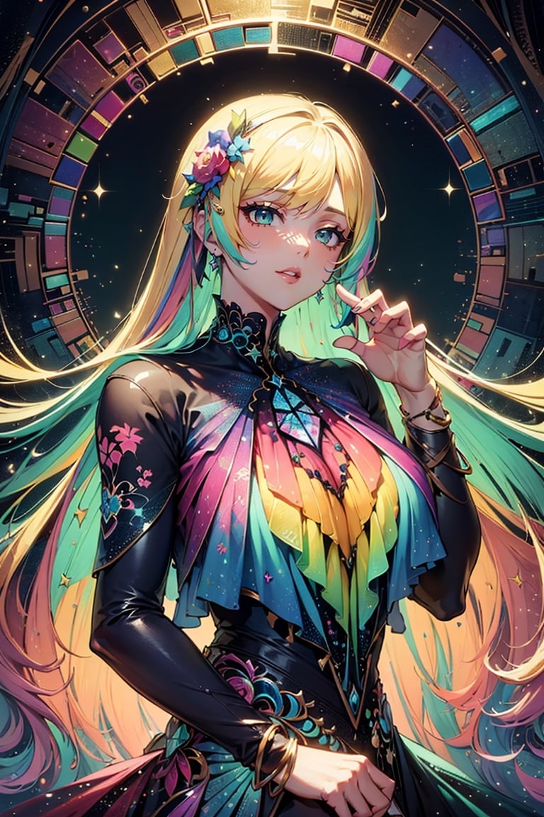 extreme detailed,1girl, (masterpiece), (top quality), (best quality), (official art), (beautiful and aesthetic:1.2), (stylish pose:1.2), (dynamic pose), (fractal art:1.3), (procedural:1.2), (colorful), (vibrant colors),long_rainbow_hair, detailed_hands, colored clothes,DonMF41ryW1ng5