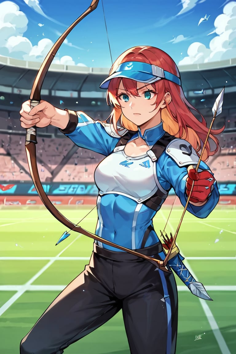 score_9, score_8_up, score_7_up, score_6_up, BREAK source_anime, 1girl, archery, arrow (projectile), black pants, bow (weapon), chest guard, drawing bow, holding, holding bow (weapon), holding weapon, long sleeves, playing sports, single glove, solo, stadium, visor cap, masterpiece, best quality, very aesthetic, absurdres 