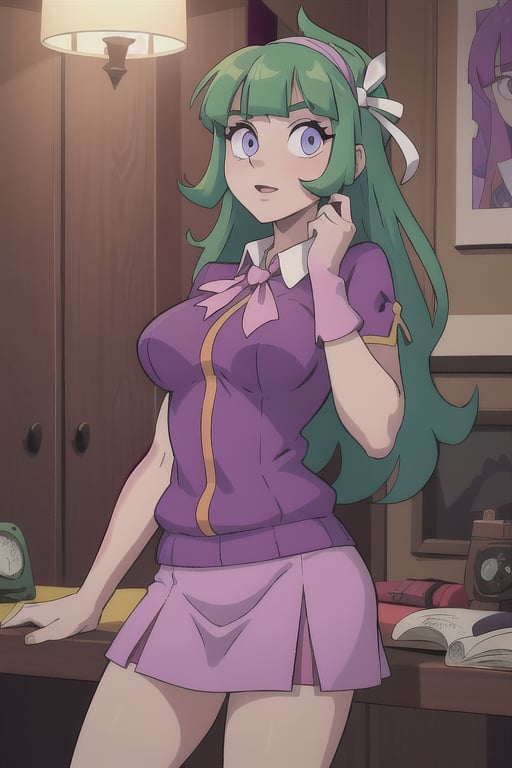 daphneblake, (8k, RAW photo, best quality, masterpiece:1.2), (intricate details), perfect eyes, perfect face, perfect lighting, beautiful, (masterpiece:1.2), (best quality:1.2), 1girl, cartoon style, solo, green_hair, purple eyes, look at viewer, purple sweater, purple skirt, pink stockings, purple headband, green handkerchief, ,tag:1girl,azazel(helltaker)