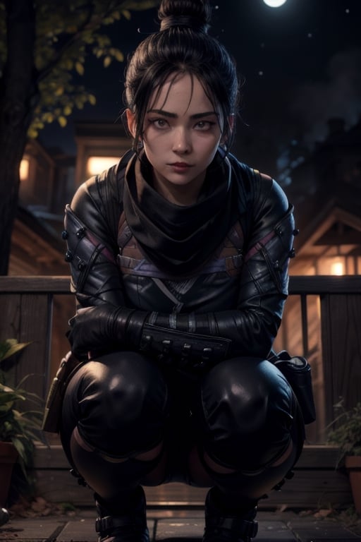 Lofi,masterpiece, best quality:1.2), , wraith (apex legends), 1girl, solo, single hair bun, hair bun, bodysuit, scarf, black bodysuit, holding, breasts, black hair, black scarf, blue eyes, belt, brown belt, bangs, parted bangs, hair behind ear, gloves, nose piercing, black gloves, thigh strap, squatting, open mouth, smile, looking at viewer, outdoors, night, fog, sitting in tree,
,Girl