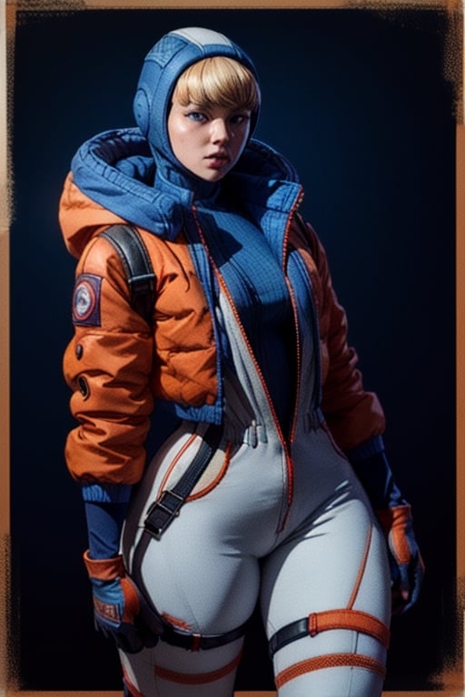 wattson (apex legends),bangs, blonde hair, blue eyes,  hooded bodysuit, bodysuit, white bodysuit, hood, jacket, orange jacket, gloves, knee pads, hooded jacket, blue gloves, ribbed bodysuit, blue bodysuit, thigh strap, cable, blue headwear,lofi, thicc_thighs