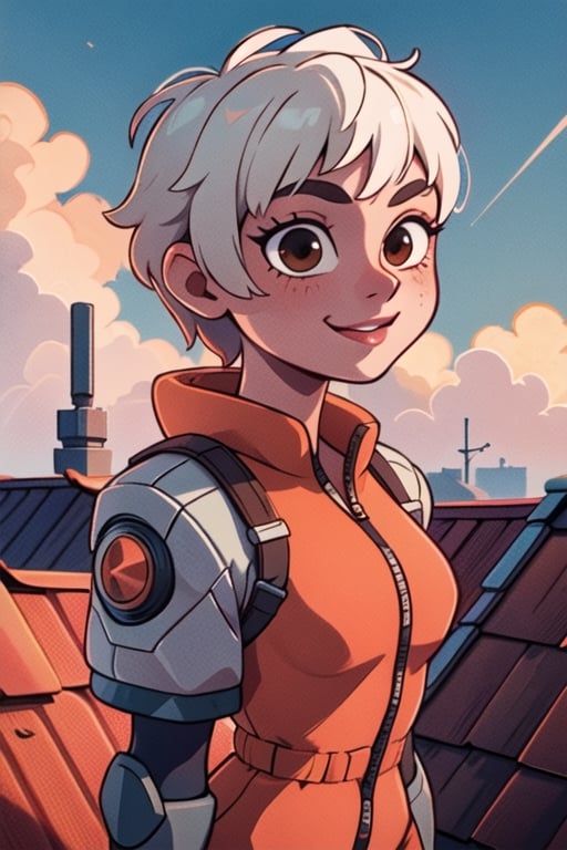 
Valk,white hair,short hair,brown eyes, orange bodysuit, smile, upper body,standing, outside,clouds,rooftop,cyberpunk, (insanely detailed, beautiful detailed face, masterpiece, best quality) solo,lofi,wraith (apex legends),wattson (apex legends)