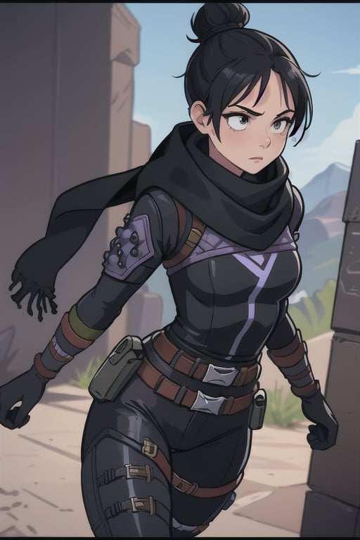 (masterpiece, best quality:1.2),  , wraith (apex legends), 1girl, solo, single hair bun, hair bun, bodysuit, scarf, black bodysuit, black hair, black scarf, belt, brown belt, gloves, black gloves, thigh strap, facing_away