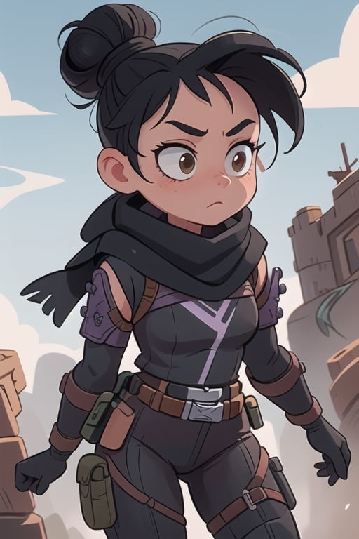 (masterpiece, best quality:1.2),  , wraith (apex legends), 1girl, solo, single hair bun, hair bun, bodysuit, scarf, black bodysuit, black hair, black scarf, belt, brown belt, gloves, black gloves, thigh strap, facing_away