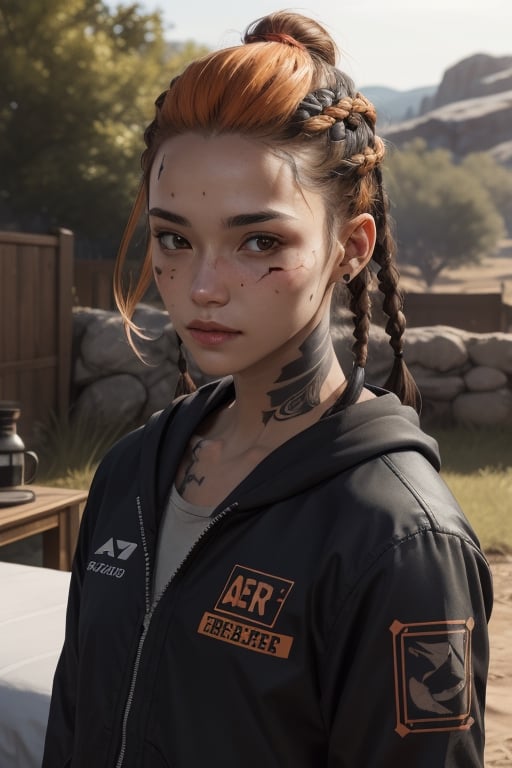 Apex legends, orange hair, black_hair,bed_head, scar on cheek, rough skin, small tattoo , brown_skin, braided_hair, outdoors