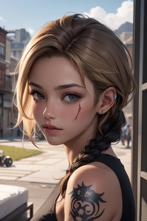 Apex legends, blonde hair, black_hair,bed_head, scar on cheek, rough skin, small tattoo , brown_skin, braided_hair, outdoors