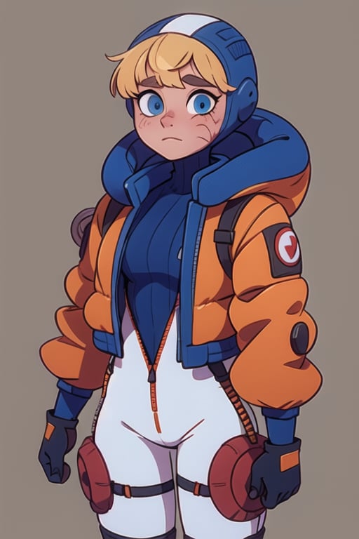 bangs, blonde hair, blue eyes , hooded bodysuit, bodysuit, white bodysuit, hood, jacket, orange jacket, gloves, knee pads, hooded jacket, blue gloves, ribbed bodysuit, blue bodysuit, thigh strap, cable, blue headwear , scar, scar on face, scar on cheek, burn scar  , wattson (apex legends)