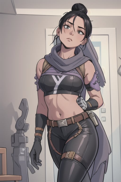 (masterpiece, best quality:1.2),  , wraith (apex legends), 1girl, solo, single hair bun, hair bun, bodysuit, scarf, black bodysuit, black hair, black scarf, belt, brown belt, gloves, black gloves, thigh strap, facing_away