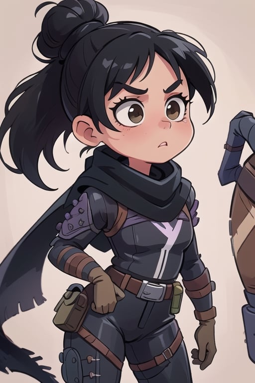 (masterpiece, best quality:1.2),  , wraith (apex legends), 1girl, solo, single hair bun, hair bun, bodysuit, scarf, black bodysuit, black hair, black scarf, belt, brown belt, gloves, black gloves, thigh strap, facing_away