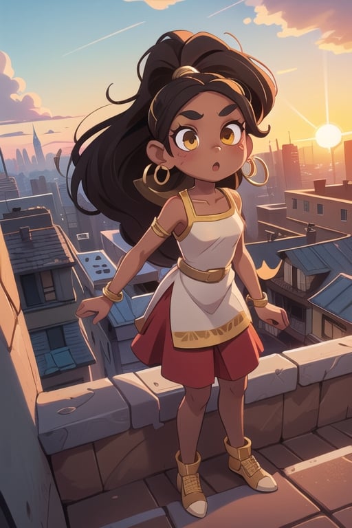 2.5D, an aztec girl, perfect body, black skin,brown skin,dark_skin_female ,hispanic , full body, traditional aztec clothes, 20 years old
long hair, ponytail, brown hair, yellow eyes, buff, outside,clouds,rooftop,cyberpunk, (insanely detailed, beautiful detailed face, gold streak in hair, gold_hoops, gold earings, red dress , white tunic
,Lofi,Girl,Sunrise, collarbone,Boy,Style